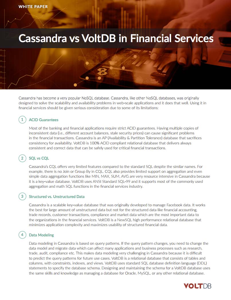 Cassandra vs Volt Active Data in Financial Services whitepaper